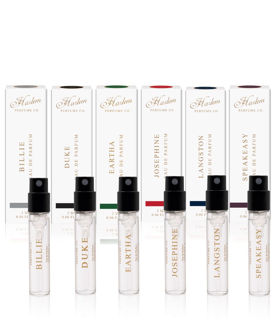 This is an image of our boxes for the perfume discovery set of six 2ml fragrances to include Billie, Speakeasy, Josephine, Langston, Eartha and Duke.