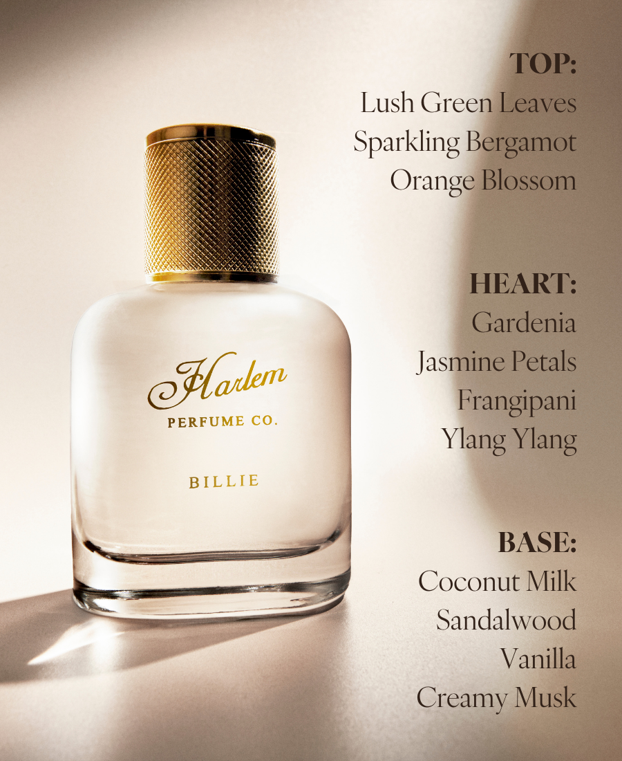 Cream-colored Billie perfume bottle with fragrance notes displayed on the right side