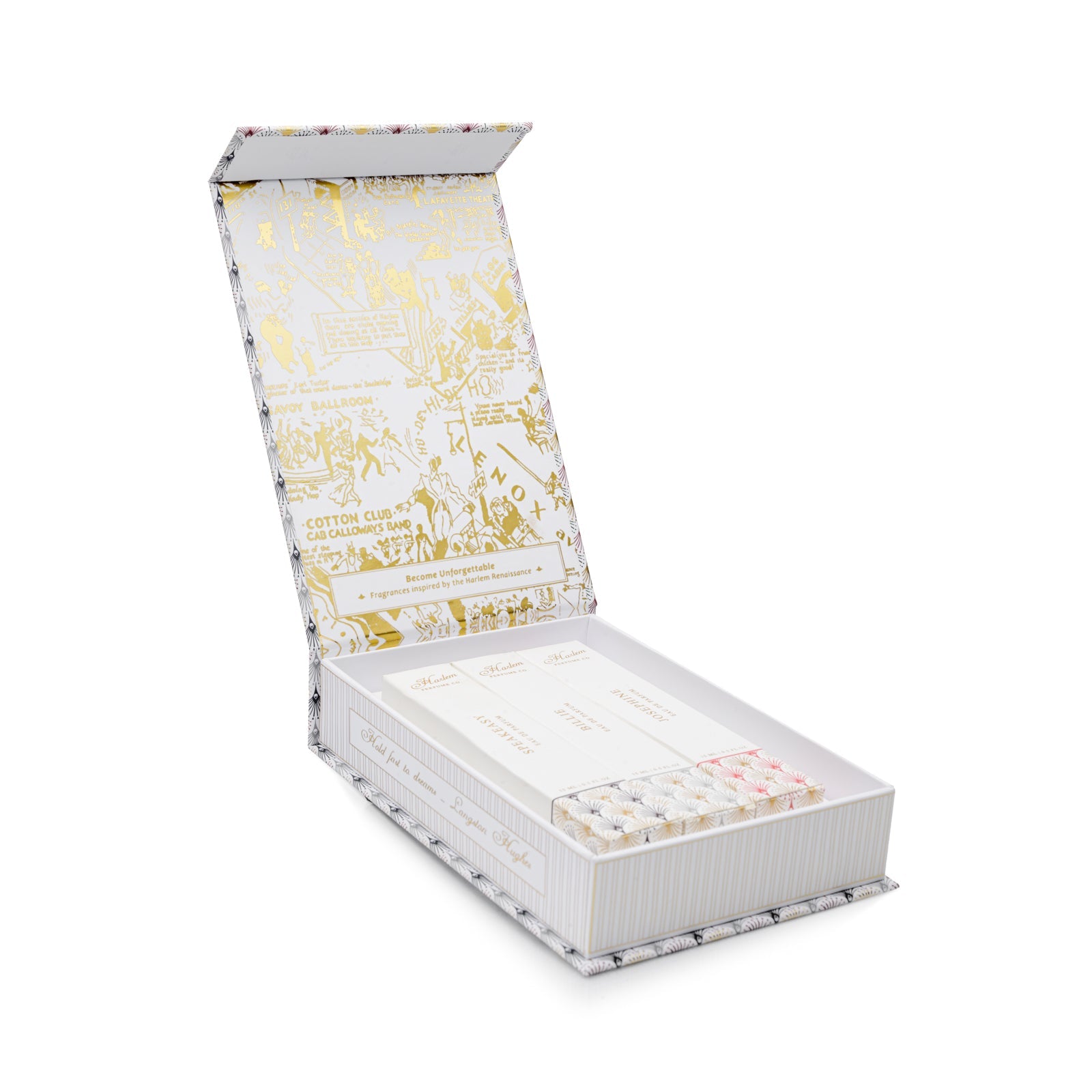 This is an image of the Harlem Perfume Co. Discovery Box open with three 15 ml perfumes inside.