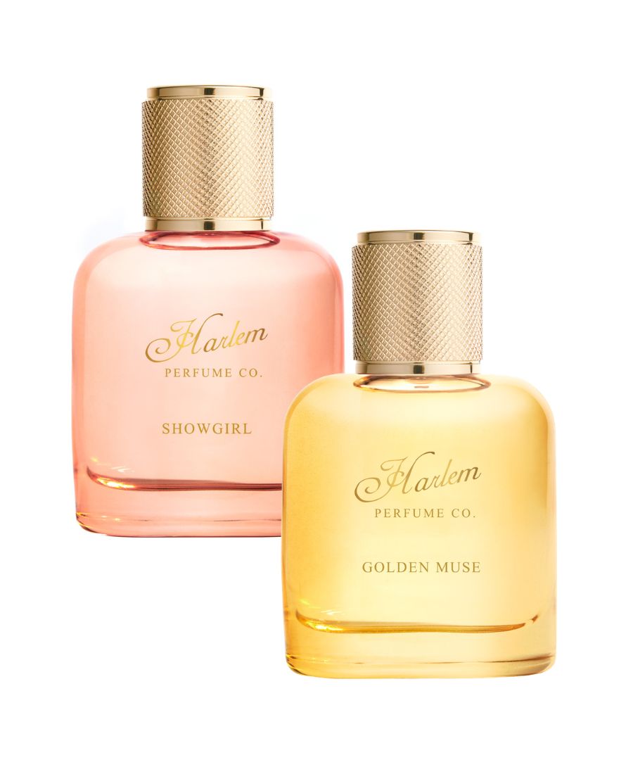 Two perfume bottles from Harlem Perfume Co. on a white background