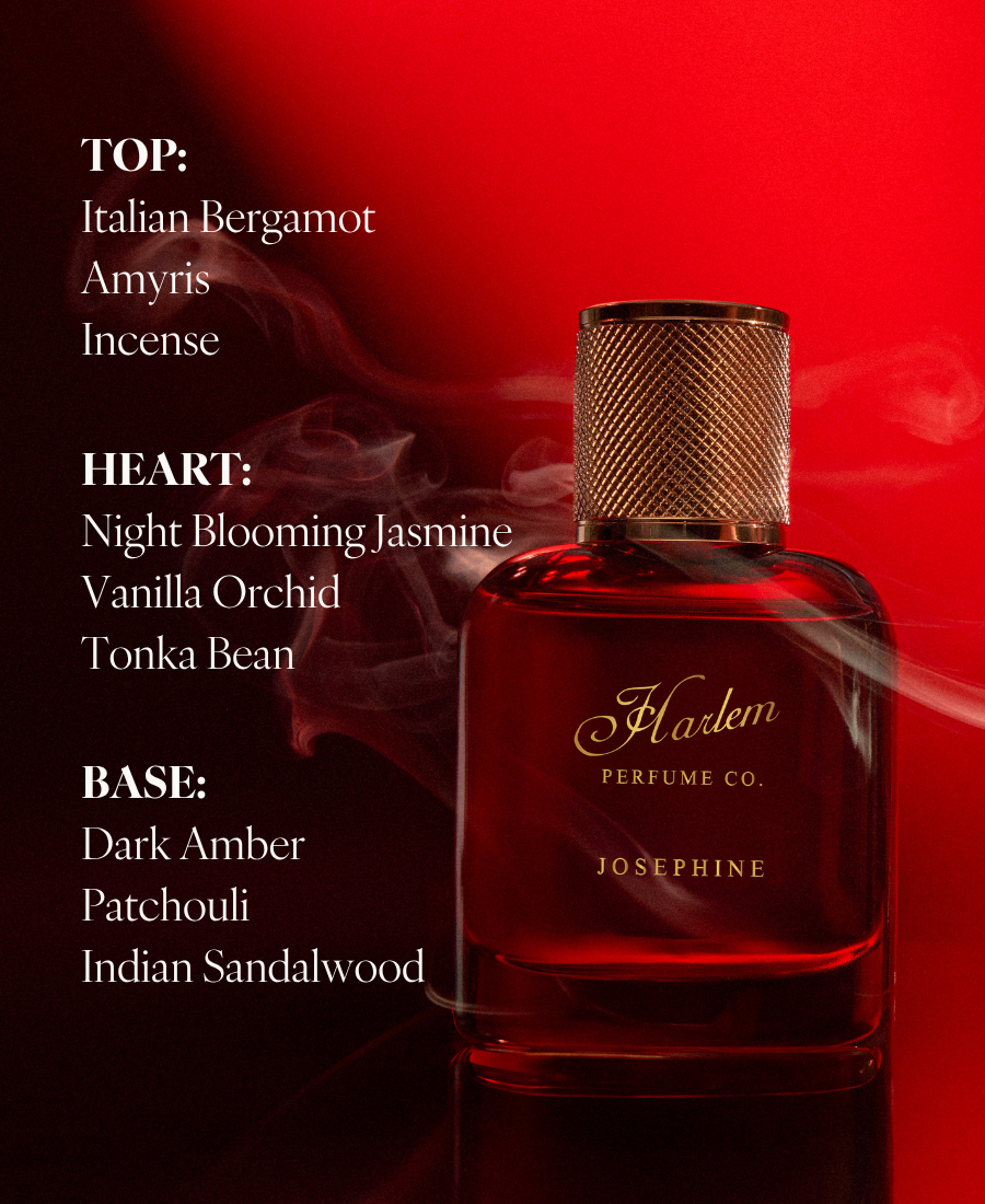 Dark red Josephine perfume bottle with fragrance notes displayed on the left side
