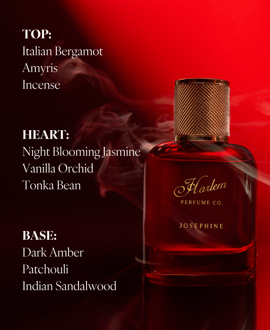 Dark red Josephine perfume bottle with fragrance notes displayed on the left side