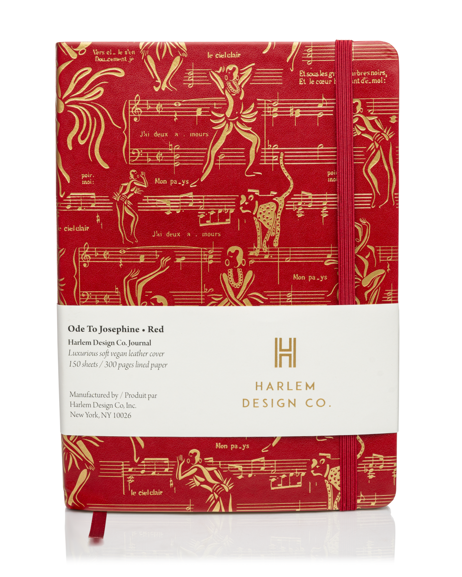 This is a product image of the Harlem Design Co Josephine journal in Red and Gold. This image has the product information sleeve on the outside.