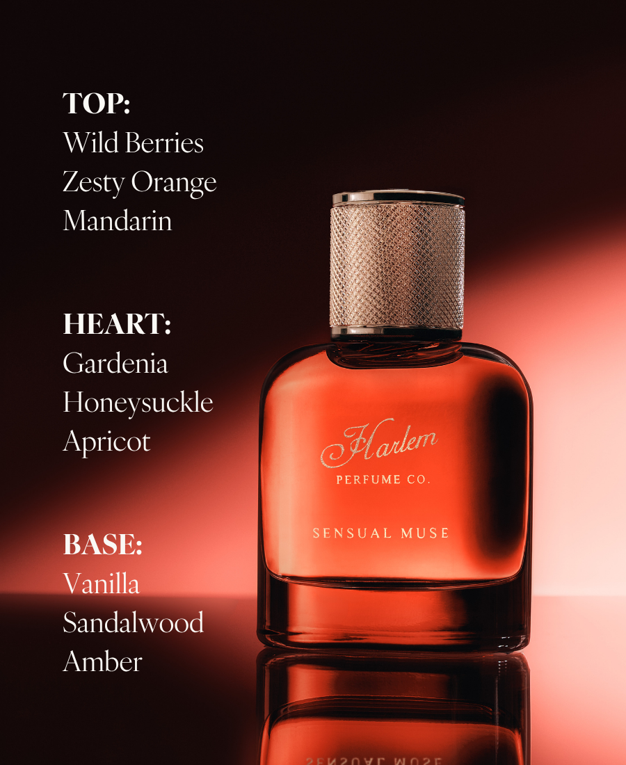 Dark pink Sensual Muse perfume bottle with fragrance notes displayed on the left side