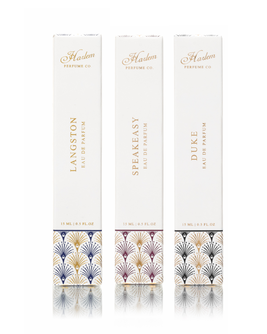 Harlem Perfume DiscoverLangston, Speakeasy and Duke 15ml deco boxes. perfumes.