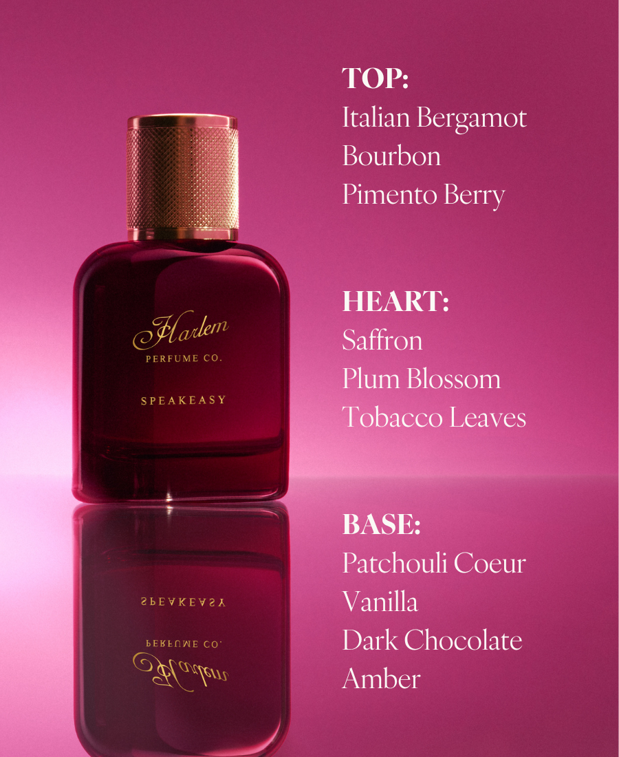 Deep burgundy Speakeasy perfume bottle centered between fragrance notes listed on the right side