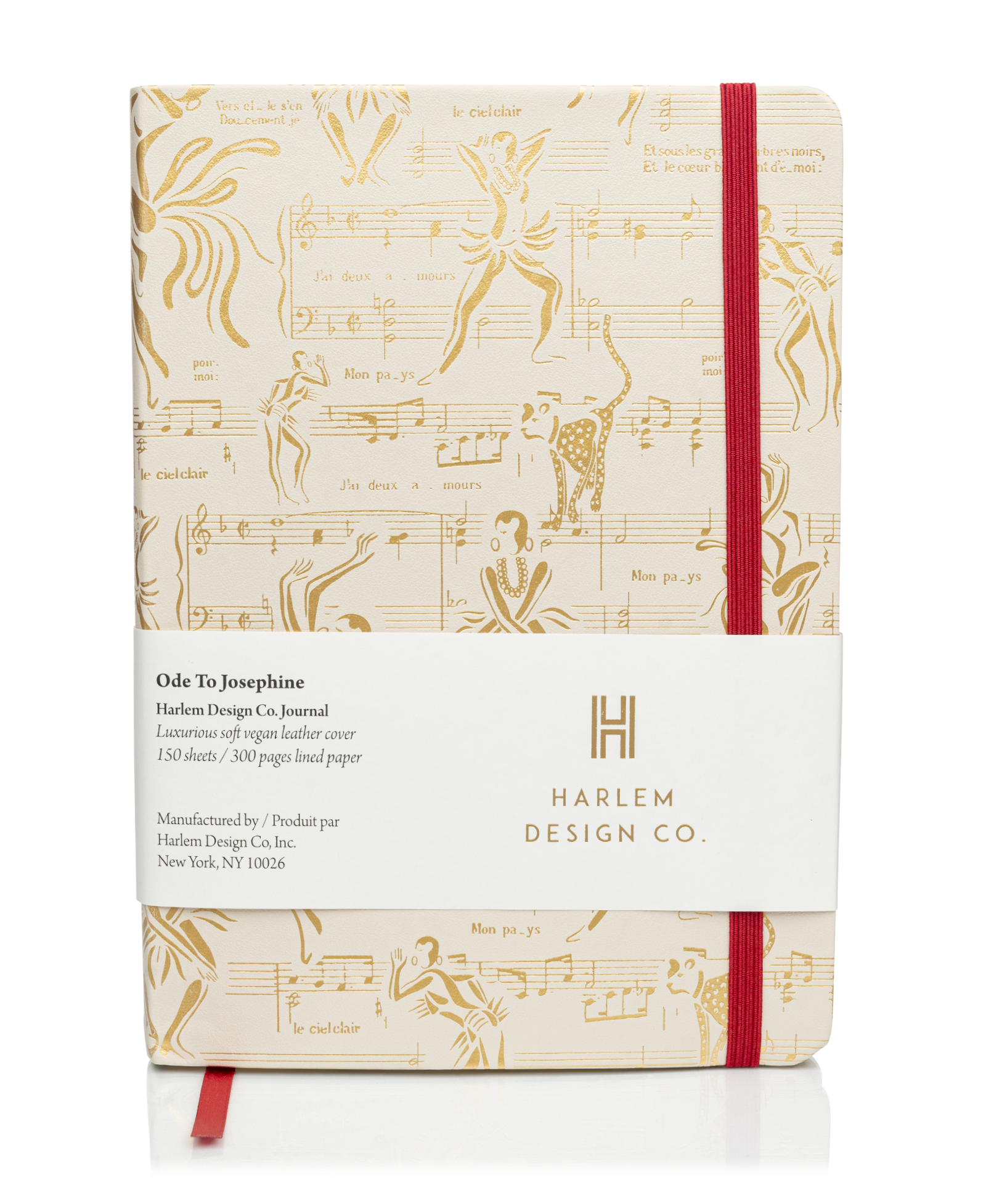 This is a product image of the Harlem Design Co Josephine journal in Cream and Gold. This image has the product information sleeve on the outside.