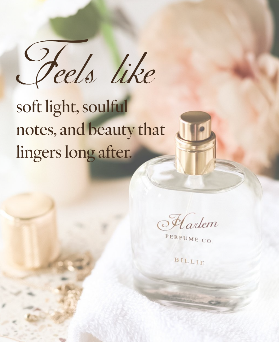 Billie Eau de Parfum bottle with overlay text: 'Feels like soft light, soulful notes, and beauty that lingers long after.'