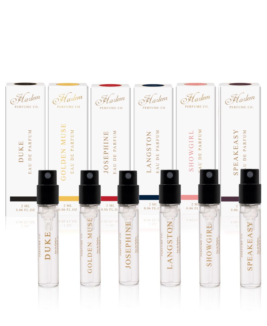 Image of our Duke, Golden Muse, Josephine, Langston, Showgirl and Speakeasy 2mls vials and boxes.