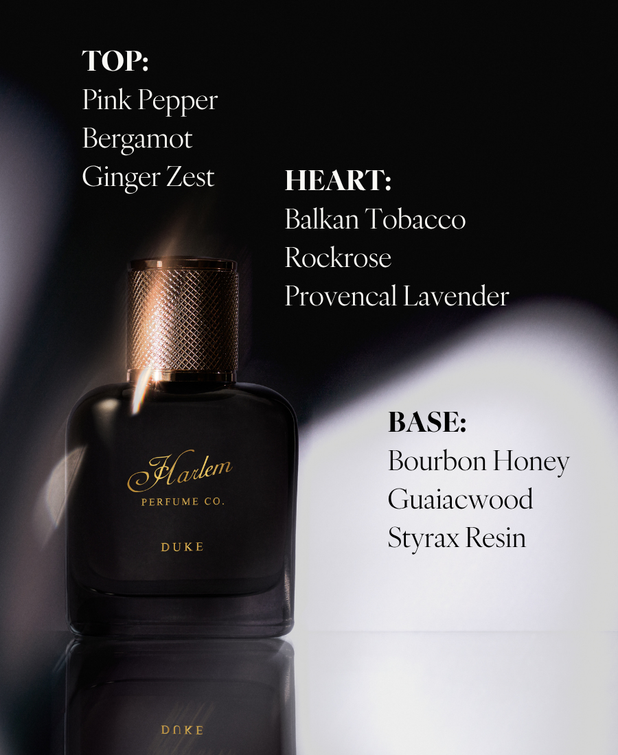 Black Duke perfume bottle centered between fragrance notes listed 