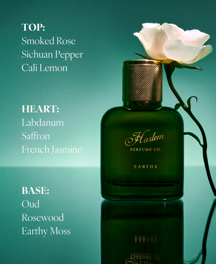 Dark green Eartha perfume bottle with fragrance notes displayed on the left side
