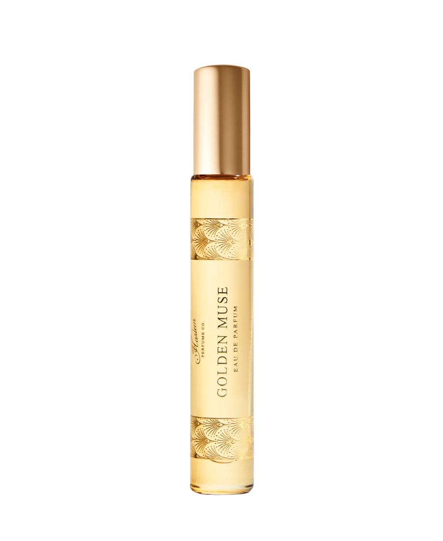 This is an image of the 10 ml Golden Muse perfume on a white background.