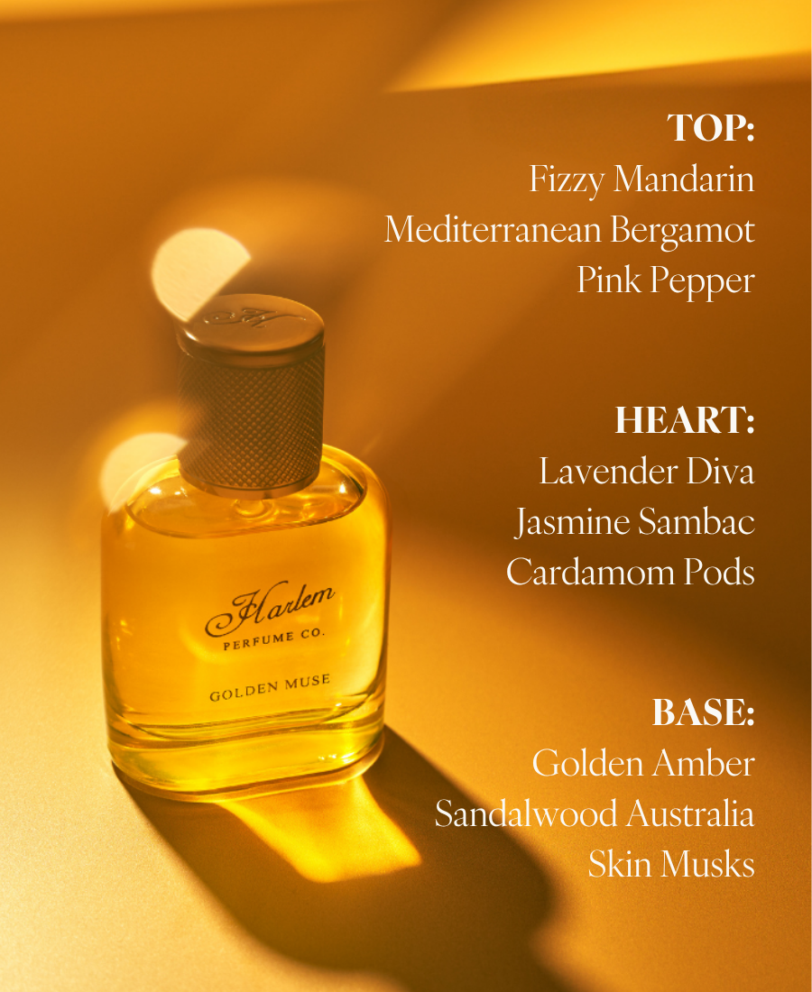 Golden yellow Golden Muse perfume bottle with fragrance notes listed on the right side