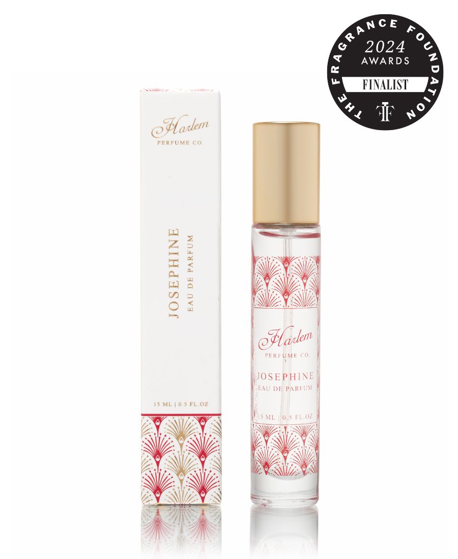 Josephine 15ml glass bottle with red artwork.  It is pictured next to it's decorative box
