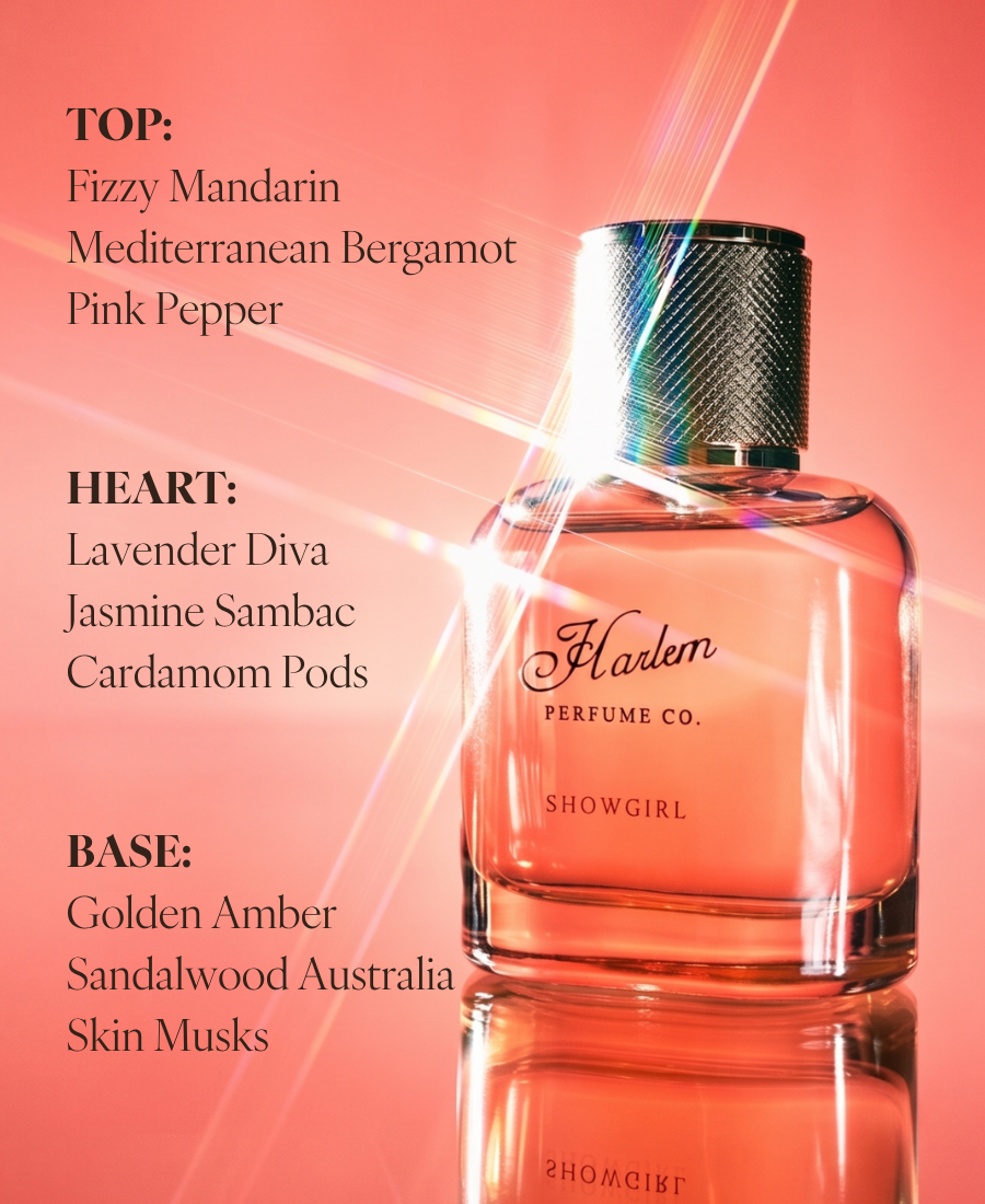 Coral pink Showgirl perfume bottle with fragrance notes listed on the left side
